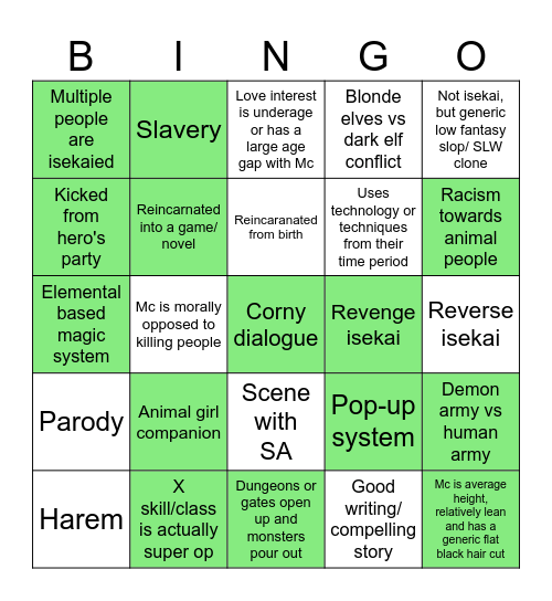 Isekai Slop Bingo Card