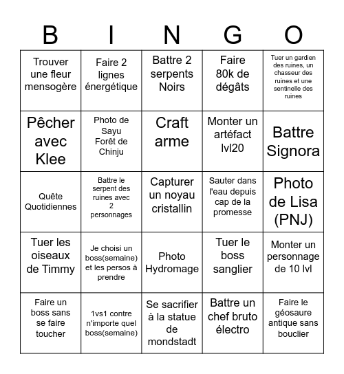 Genshin Impact XIV Bingo Card