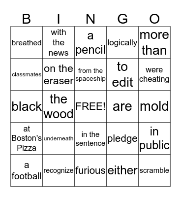 English Grammar Bingo Card