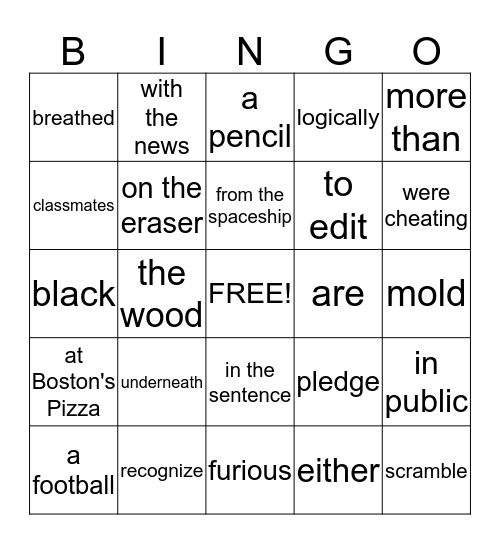 English Grammar Bingo Card