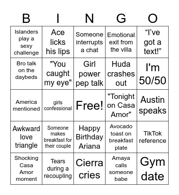 Love Island Bingo Card