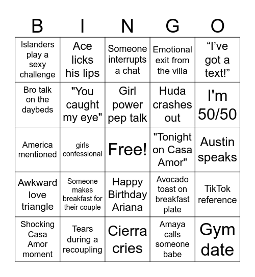 Love Island Bingo Card
