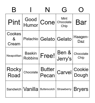 National Ice Cream Month Bingo Card