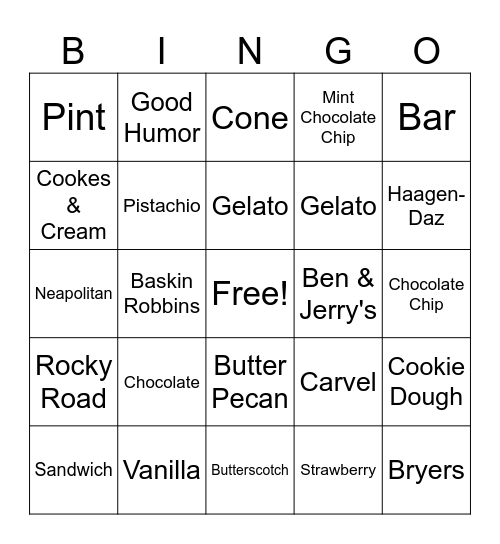 National Ice Cream Month Bingo Card