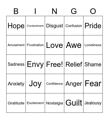 Emotion Bingo Card