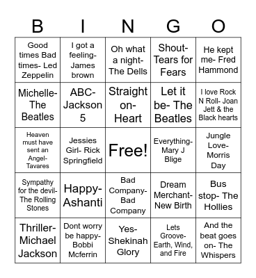 Favorite Songs Bingo Card
