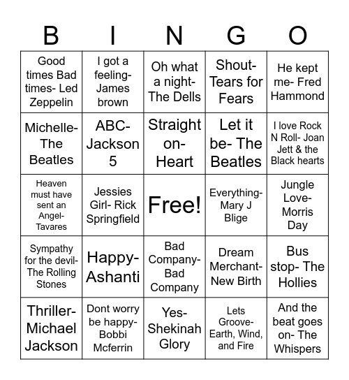 Favorite Songs Bingo Card