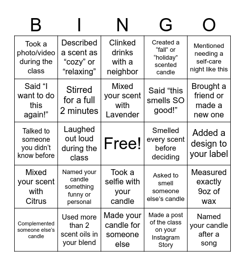 Just Add Wine Candle Co. Bingo Card