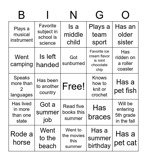 Summer Bingo Card