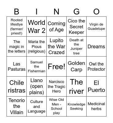 Bless Me Ultima Bingo Card