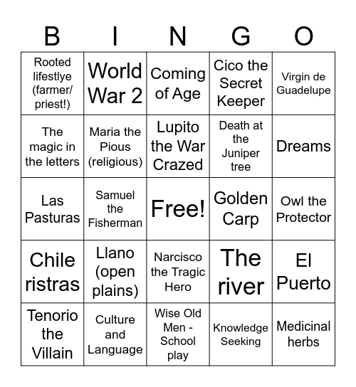 Bless Me Ultima Bingo Card