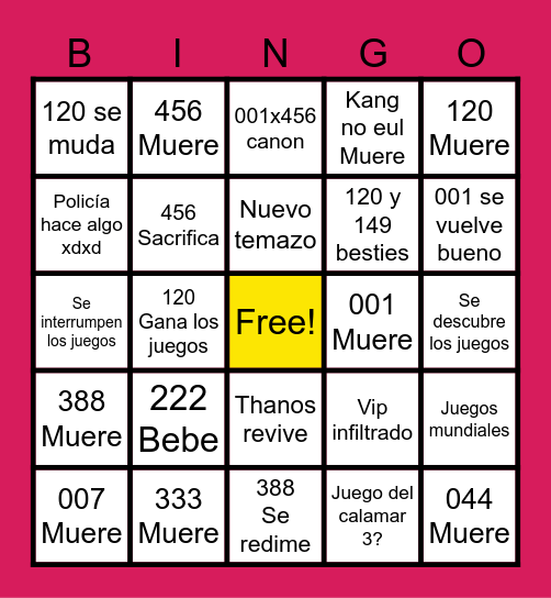 Squid Game Bingo Card