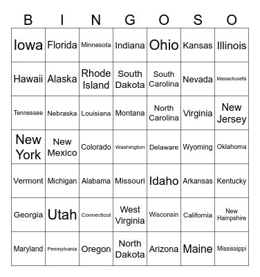 All States (Except Texas) Bingo Card