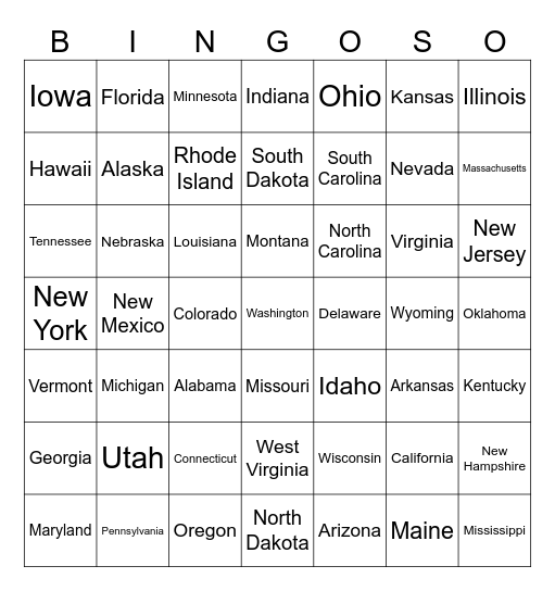 All States (Except Texas) Bingo Card