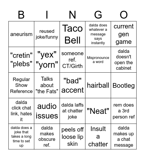 Daldameht Bingo Board Bingo Card