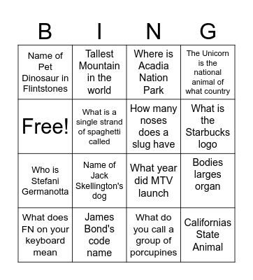 Trivia Bingo Card