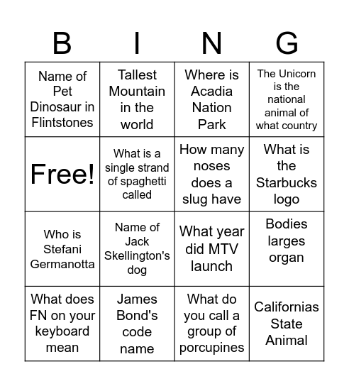 Trivia Bingo Card