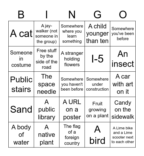 Seattle central district walk bingo (cross off what you see!) Bingo Card