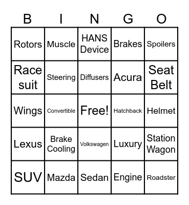 CARS Bingo Card
