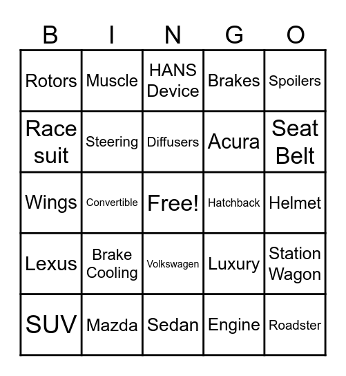 CARS Bingo Card