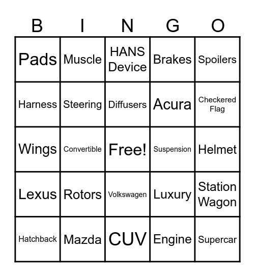 CARS Bingo Card