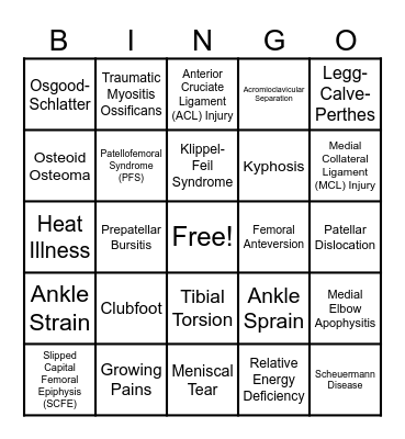 Ortho/Sports Med Bingo Card