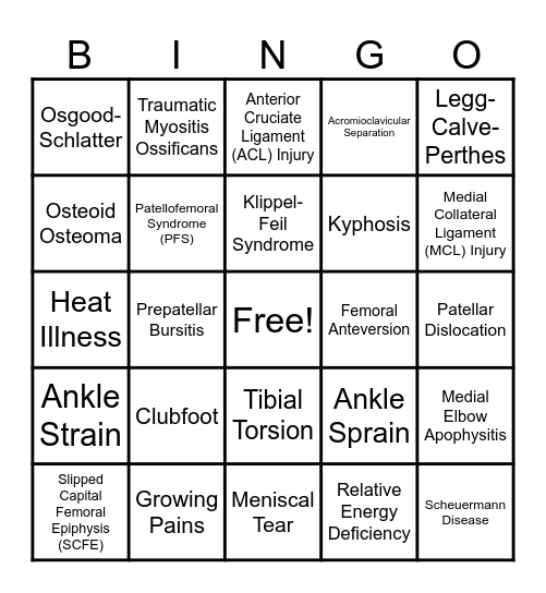 Ortho/Sports Med Bingo Card