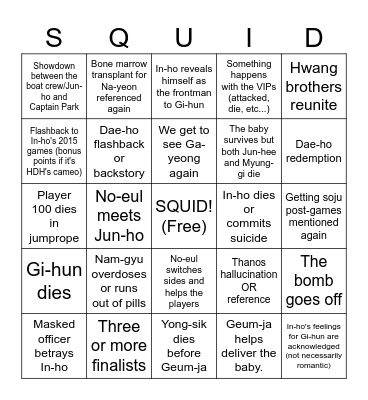 Squid Game 3 Predictions! Bingo Card