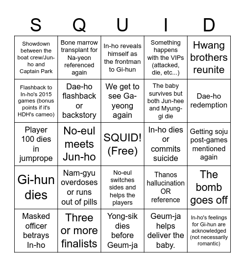 Squid Game 3 Predictions! Bingo Card