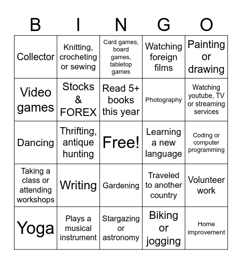 Hobby Bingo Card