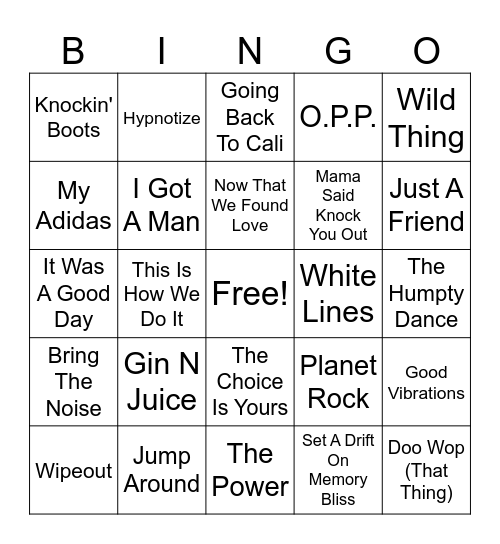 80's/90's Hip Hop and Rap Party Bingo Card