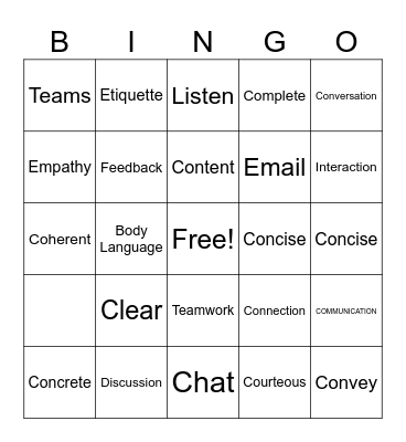 Communication Bingo Card
