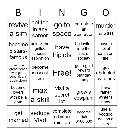 ultimate sims 4 bingo challenge Bingo Card