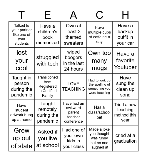 Early Childhood Bingo Card