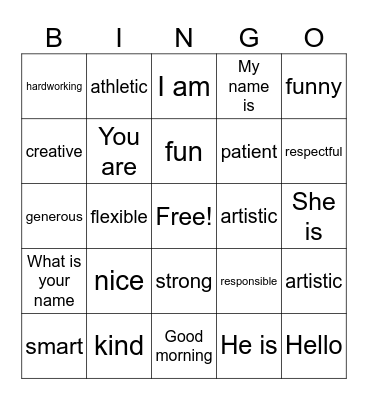 Compliments/Adjectives Bingo Card