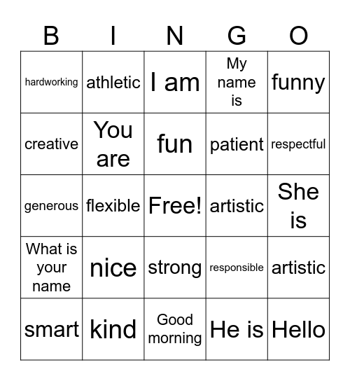 Compliments/Adjectives Bingo Card