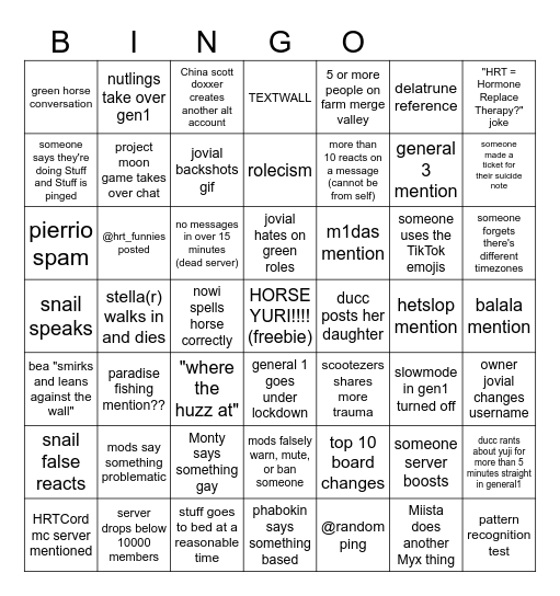 HRTCord General 1 Shenanigans Bingo Card