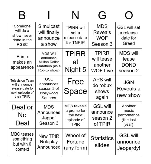 GD' 25 Bingo (June 28th) @ 2:00 PM EST Bingo Card
