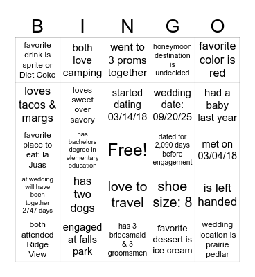 Bridal Bingo Card