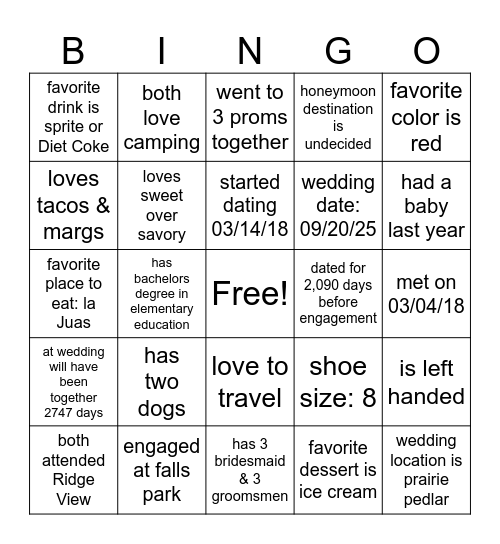 Bridal Bingo Card