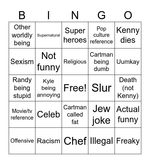 South Park bingo (banned) Bingo Card