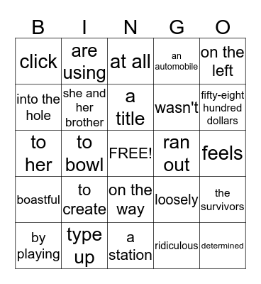 English Grammar Bingo Card