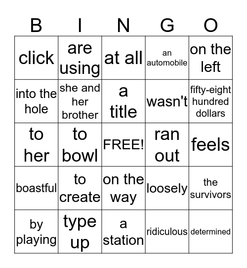 English Grammar Bingo Card