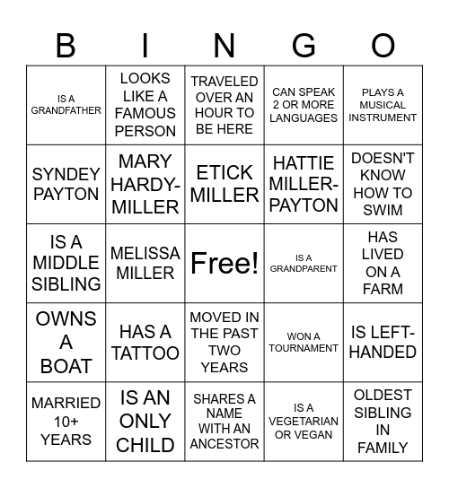Family Reunion Game 1 Bingo Card