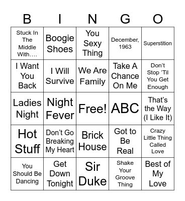 70’s Party Bingo Card