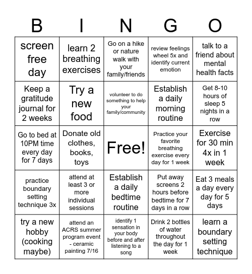 Summer Bingo Card