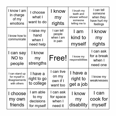 Self Advocacy BINGO Card