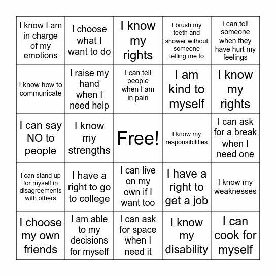Self Advocacy BINGO Card