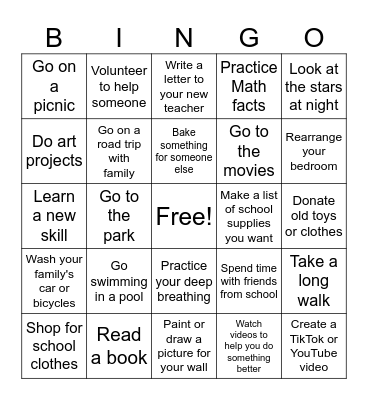 Summer Activities Bingo Card
