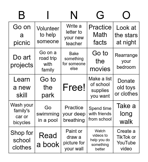 Summer Activities Bingo Card